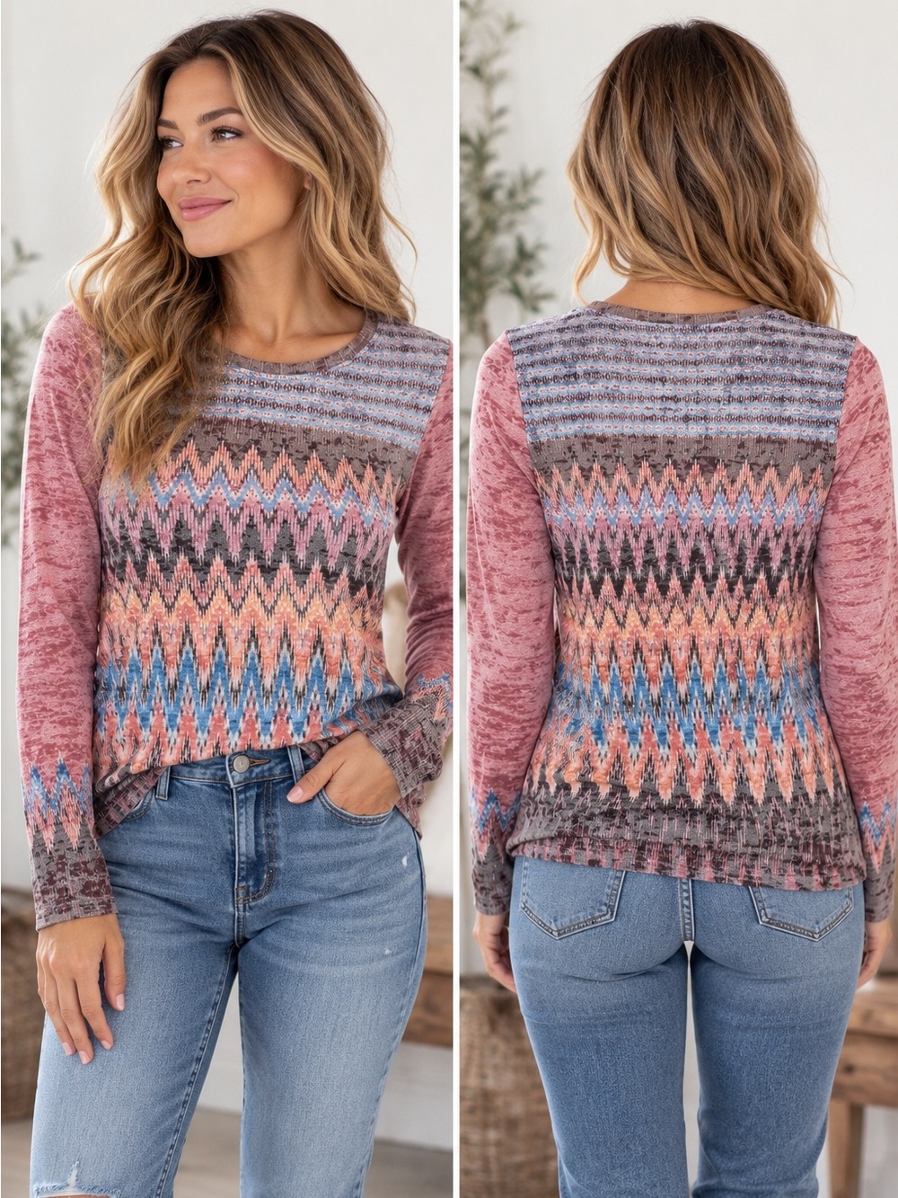 prAna Women’s L Geometric Aztec Ikat Print Long Sleeve Top Boho Multicolor